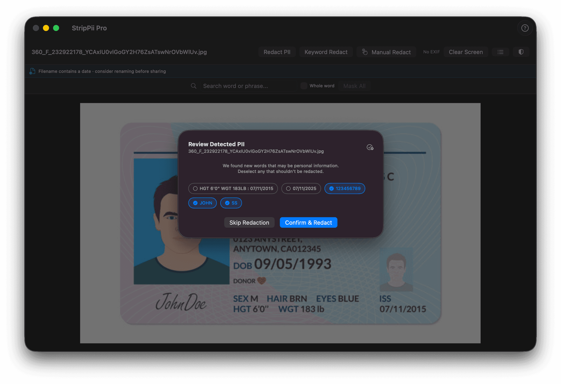 StripPii detecting PII in a document